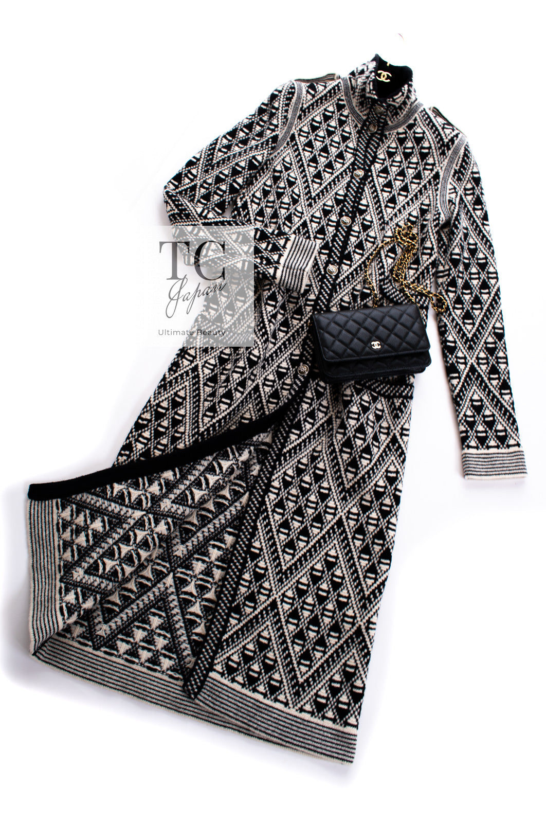 CHANEL 04PF Ivory Black Wool Cashmere Knit Long Cardigan Coat 38 シャネル アイボリー ブラック ウール カシミヤ ニット ロング カーディガン コート 即発