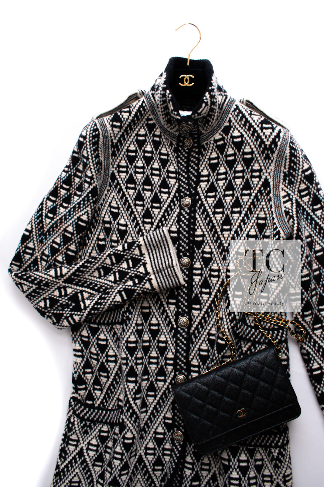 CHANEL 04PF Ivory Black Wool Cashmere Knit Long Cardigan Coat 38 シャネル アイボリー ブラック ウール カシミヤ ニット ロング カーディガン コート 即発