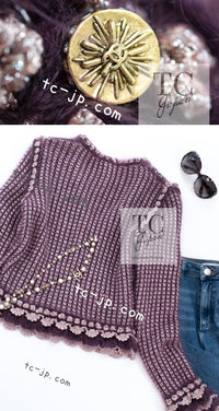 CHANEL 04PF Plum Purple Pink Mohair Knit Stretch Crochet Cardigan 38 シャネル プラム パープル ピンク モヘア 柔らか ニット ストレッチ かぎ編 クロシェット カーディガン 即発