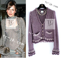 CHANEL 04PF Plum Purple Pink Mohair Knit Stretch Crochet Cardigan 38 シャネル プラム パープル ピンク モヘア 柔らか ニット ストレッチ かぎ編 クロシェット カーディガン 即発
