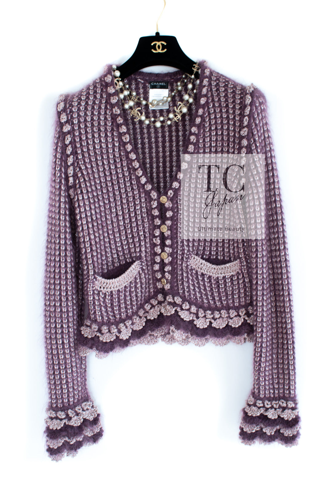CHANEL 04PF Plum Purple Pink Mohair Knit Stretch Crochet Cardigan 38 シャネル プラム パープル ピンク モヘア 柔らか ニット ストレッチ かぎ編 クロシェット カーディガン 即発