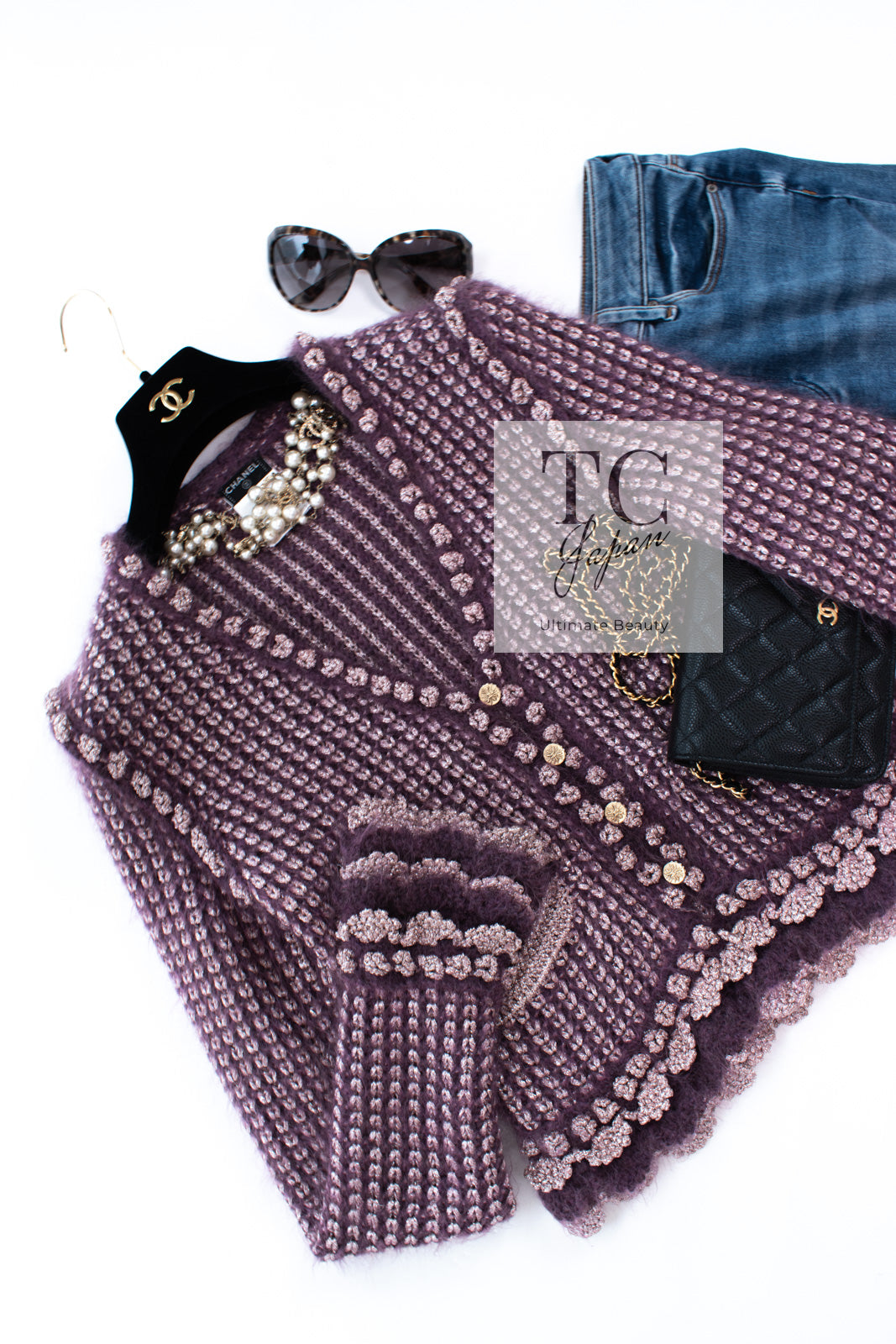CHANEL 04PF Plum Purple Pink Mohair Knit Stretch Crochet Cardigan 38 シャネル プラム パープル ピンク モヘア 柔らか ニット ストレッチ かぎ編 クロシェット カーディガン 即発