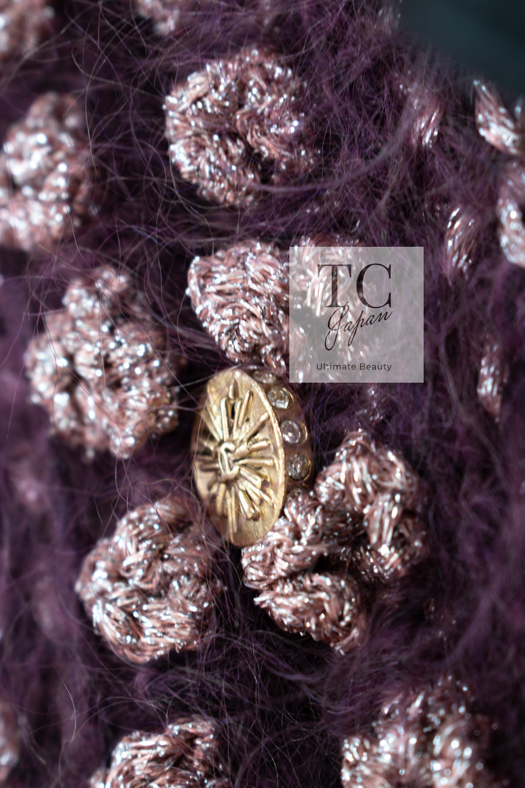 CHANEL 04PF Plum Purple Pink Mohair Knit Stretch Crochet Cardigan 38 シャネル プラム パープル ピンク モヘア 柔らか ニット ストレッチ かぎ編 クロシェット カーディガン 即発