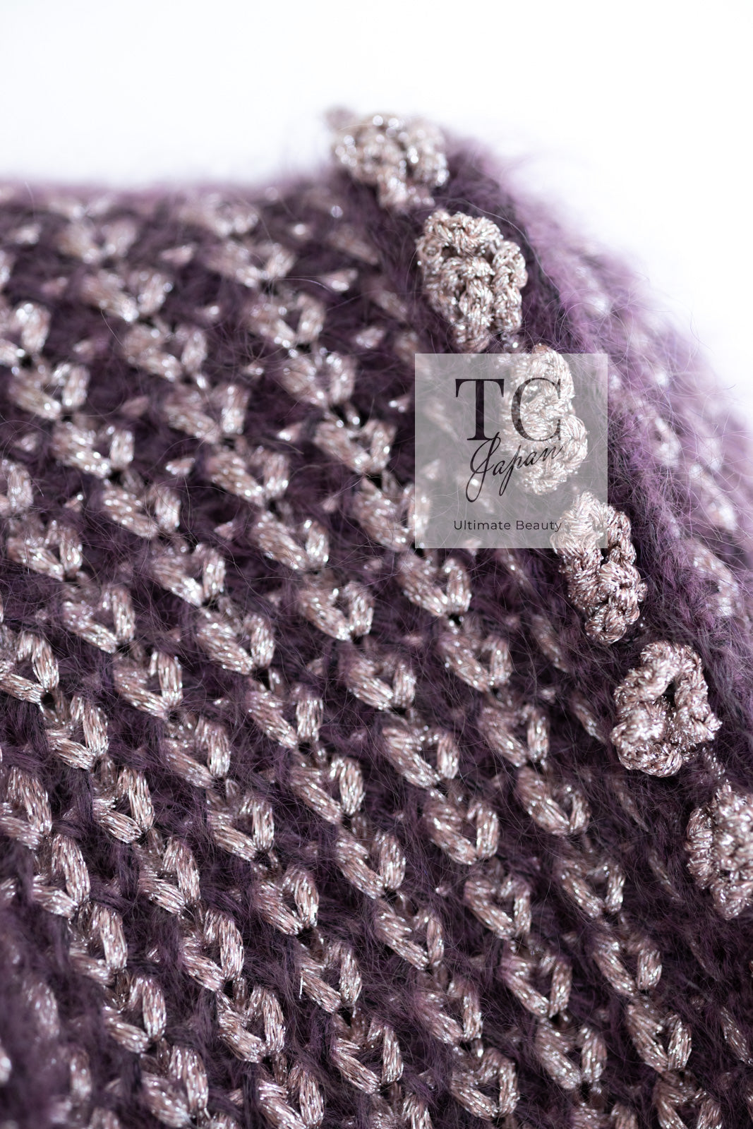 CHANEL 04PF Plum Purple Pink Mohair Knit Stretch Crochet Cardigan 38 シャネル プラム パープル ピンク モヘア 柔らか ニット ストレッチ かぎ編 クロシェット カーディガン 即発