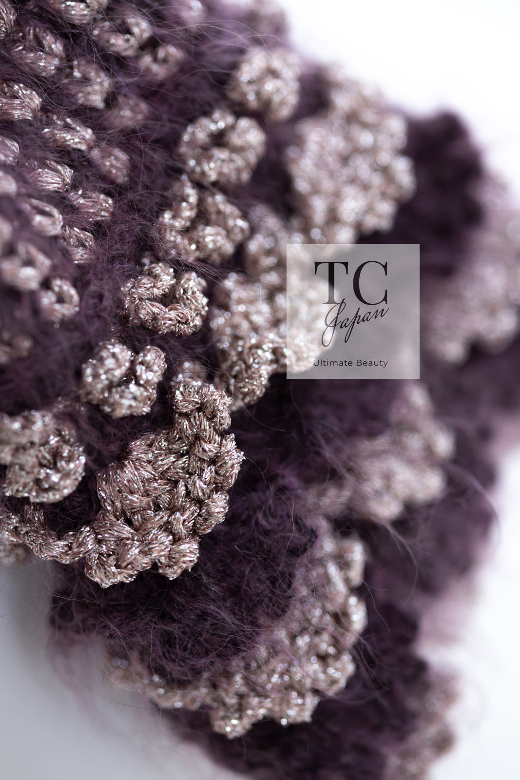 CHANEL 04PF Plum Purple Pink Mohair Knit Stretch Crochet Cardigan 38 シャネル プラム パープル ピンク モヘア 柔らか ニット ストレッチ かぎ編 クロシェット カーディガン 即発
