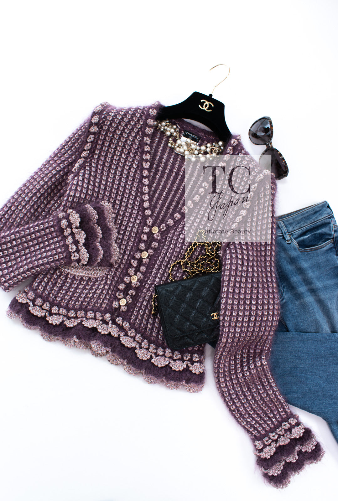CHANEL 04PF Plum Purple Pink Mohair Knit Stretch Crochet Cardigan 38 シャネル プラム パープル ピンク モヘア 柔らか ニット ストレッチ かぎ編 クロシェット カーディガン 即発