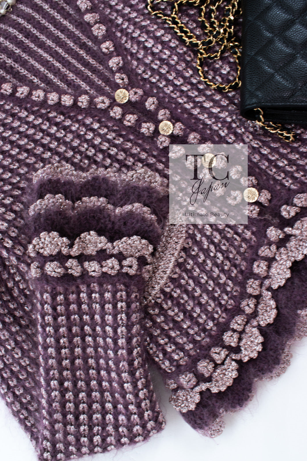 CHANEL 04PF Plum Purple Pink Mohair Knit Stretch Crochet Cardigan 38 シャネル プラム パープル ピンク モヘア 柔らか ニット ストレッチ かぎ編 クロシェット カーディガン 即発