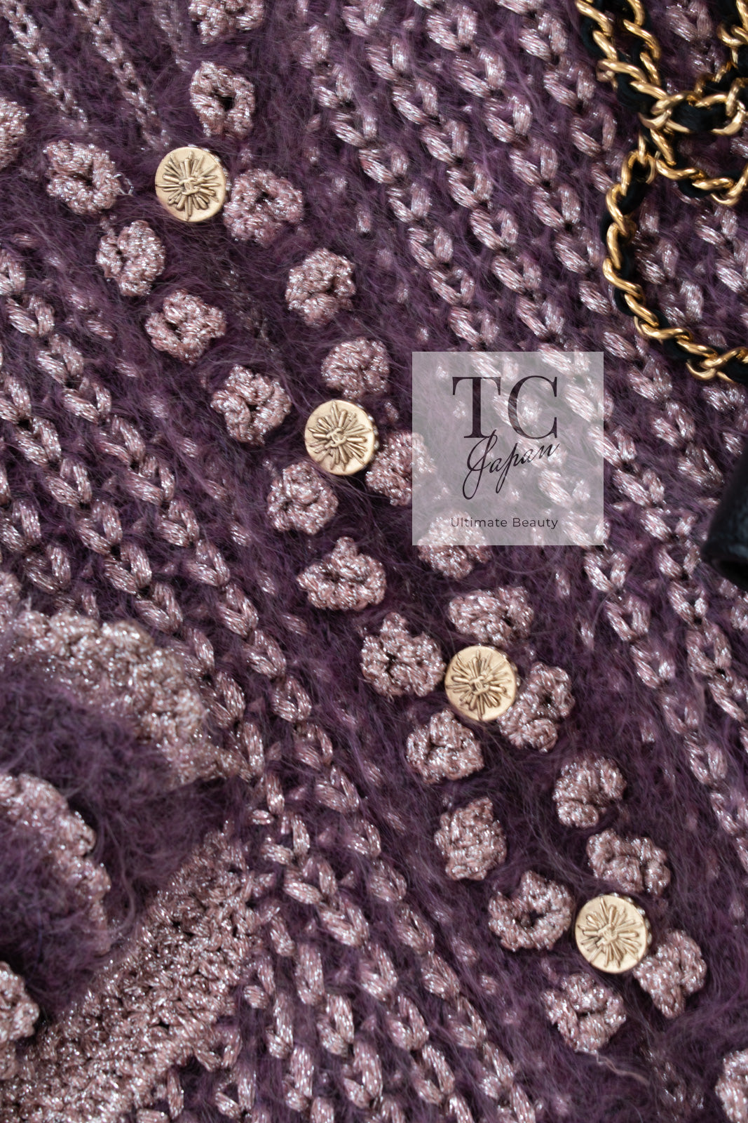 CHANEL 04PF Plum Purple Pink Mohair Knit Stretch Crochet Cardigan 38 シャネル プラム パープル ピンク モヘア 柔らか ニット ストレッチ かぎ編 クロシェット カーディガン 即発