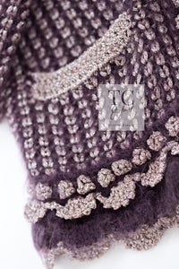 CHANEL 04PF Plum Purple Pink Mohair Knit Stretch Crochet Cardigan 38 シャネル プラム パープル ピンク モヘア 柔らか ニット ストレッチ かぎ編 クロシェット カーディガン 即発