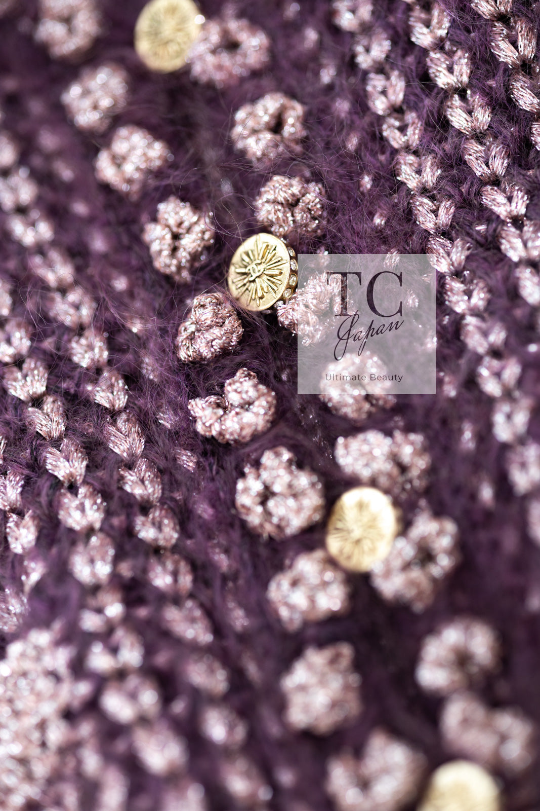 CHANEL 04PF Plum Purple Pink Mohair Knit Stretch Crochet Cardigan 38 シャネル プラム パープル ピンク モヘア 柔らか ニット ストレッチ かぎ編 クロシェット カーディガン 即発
