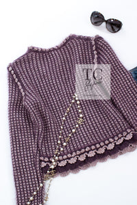 CHANEL 04PF Plum Purple Pink Mohair Knit Stretch Crochet Cardigan 38 シャネル プラム パープル ピンク モヘア 柔らか ニット ストレッチ かぎ編 クロシェット カーディガン 即発