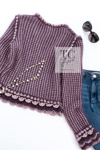CHANEL 04PF Plum Purple Pink Mohair Knit Stretch Crochet Cardigan 38 シャネル プラム パープル ピンク モヘア 柔らか ニット ストレッチ かぎ編 クロシェット カーディガン 即発