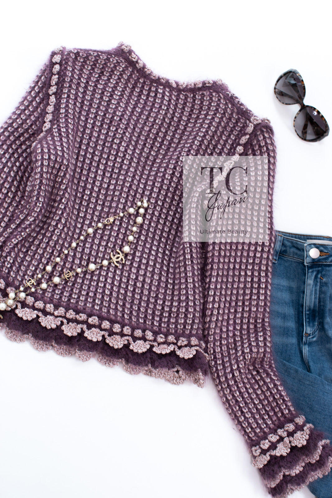 CHANEL 04PF Plum Purple Pink Mohair Knit Stretch Crochet Cardigan 38 シャネル プラム パープル ピンク モヘア 柔らか ニット ストレッチ かぎ編 クロシェット カーディガン 即発