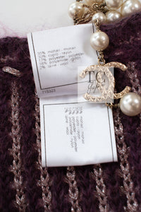 CHANEL 04PF Plum Purple Pink Mohair Knit Stretch Crochet Cardigan 38 シャネル プラム パープル ピンク モヘア 柔らか ニット ストレッチ かぎ編 クロシェット カーディガン 即発