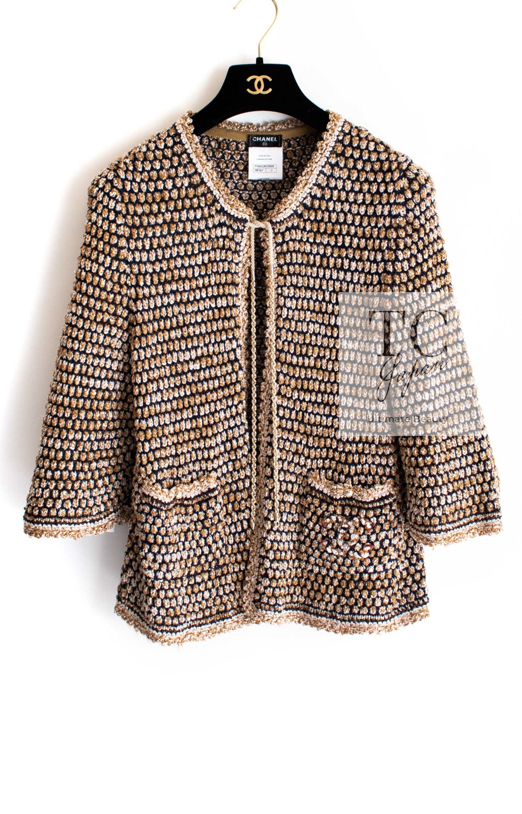 CHANEL 11S Champagne Gold Navy Knit Cardigan 34 シャネル シャンパンゴールド ネイビー 女優の ニット カーディガン 即発