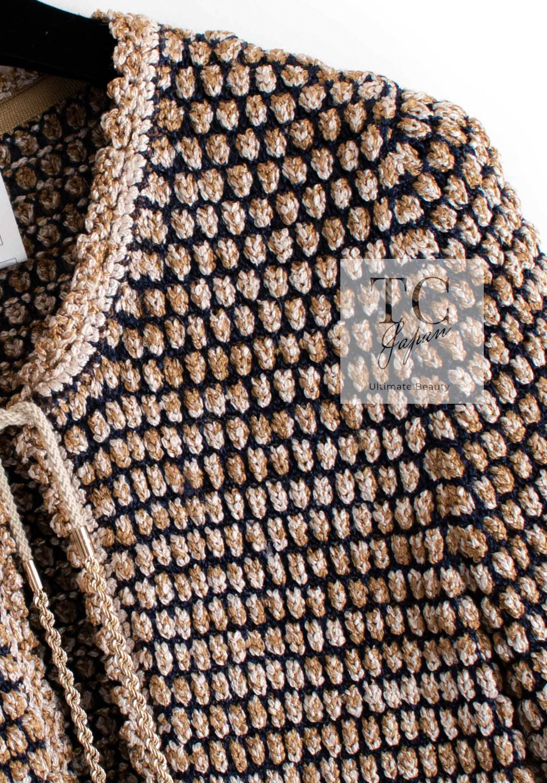 CHANEL 11S Champagne Gold Beige Knit Skirt Cardigan 34 36 38 シャネル シャンパンゴールド ベージュ 女優の ニット スカート カーディガン 即発