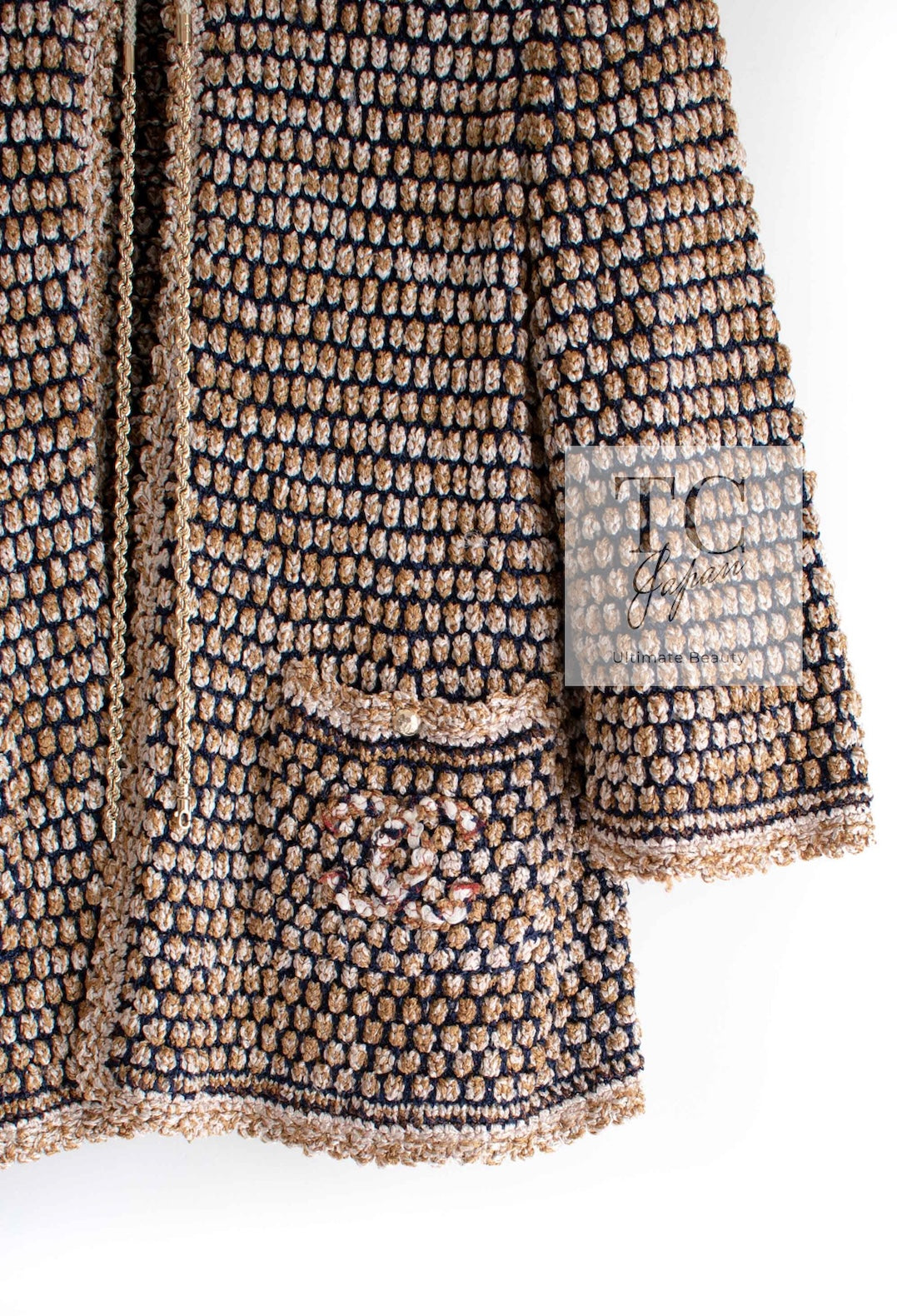 CHANEL 11S Champagne Gold Beige Knit Skirt Cardigan 34 36 38 シャネル シャンパンゴールド ベージュ 女優の ニット スカート カーディガン 即発