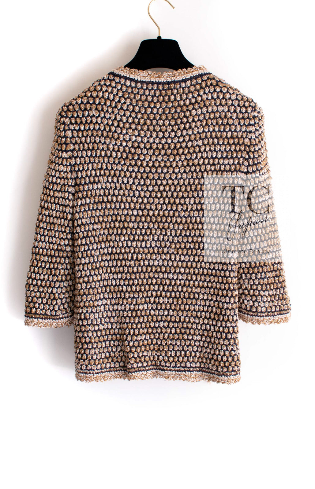 CHANEL 11S Champagne Gold Beige Knit Skirt Cardigan 34 36 38 シャネル シャンパンゴールド ベージュ 女優の ニット スカート カーディガン 即発