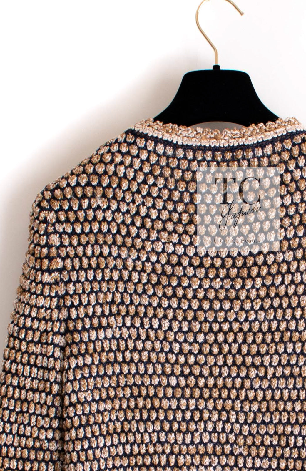 CHANEL 11S Champagne Gold Beige Knit Skirt Cardigan 34 36 38 シャネル シャンパンゴールド ベージュ 女優の ニット スカート カーディガン 即発