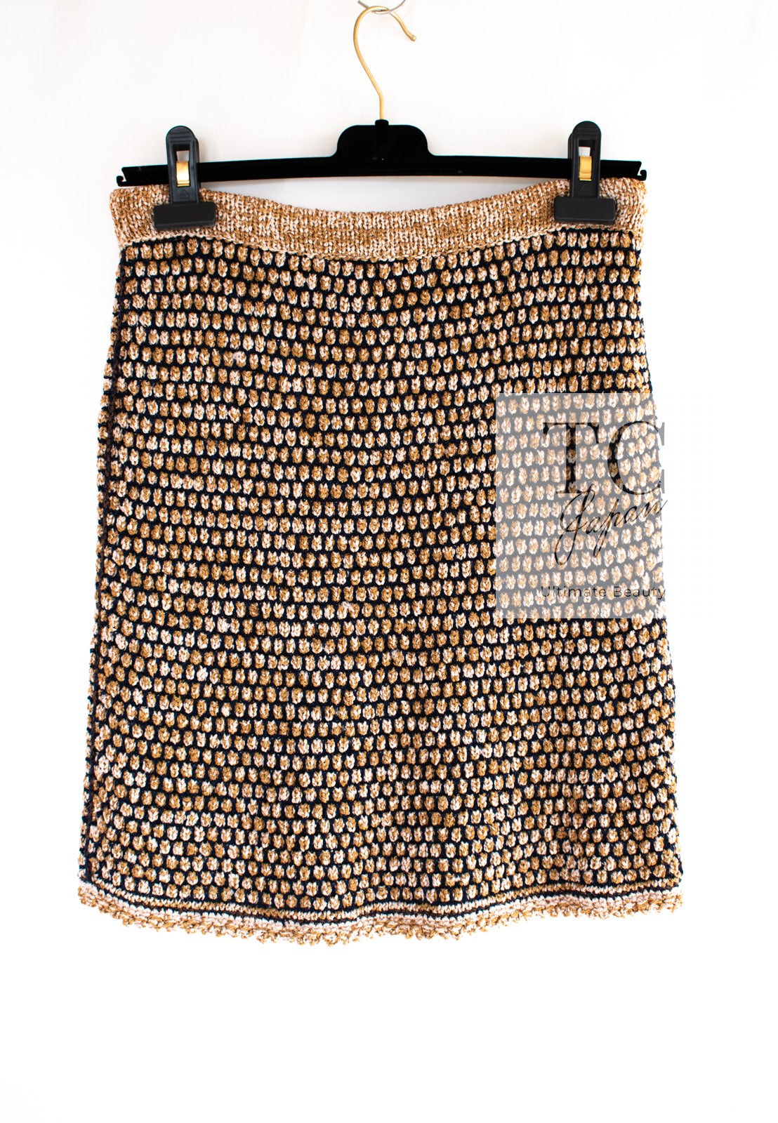 CHANEL 11S Champagne Gold Beige Knit Skirt Cardigan 34 36 38 シャネル シャンパンゴールド ベージュ 女優の ニット スカート カーディガン 即発