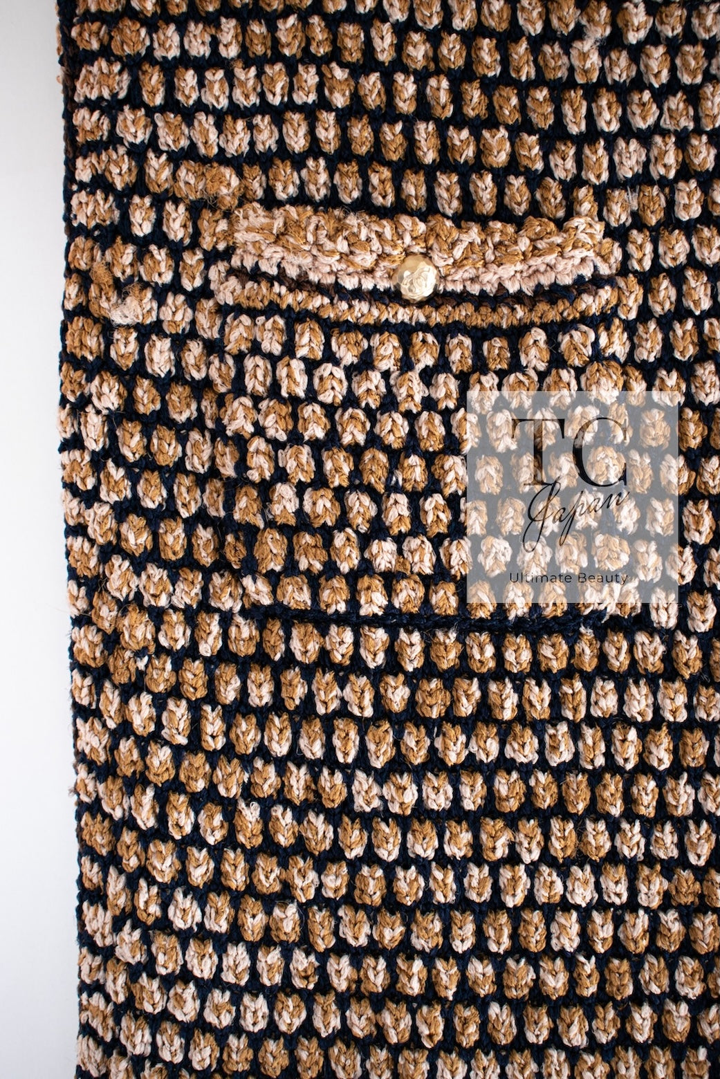 CHANEL 11S Champagne Gold Beige Knit Skirt Cardigan 34 36 38 シャネル シャンパンゴールド ベージュ 女優の ニット スカート カーディガン 即発