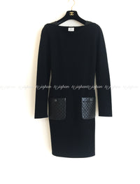 CHANEL 12A Black Wool Cashmere Lambskin Pocket Dress 36 シャネル ブラック ウール カシミア ラムスキン レザー マトラッセ ポケット ワンピース 即発