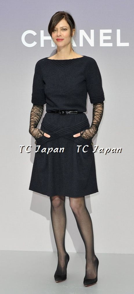 CHANEL 12A Dark Navy Gripoix Wool Dress Jessica Biel 36 シャネル ダークネイビー グリポワ装飾 ウール ワンピース 即発