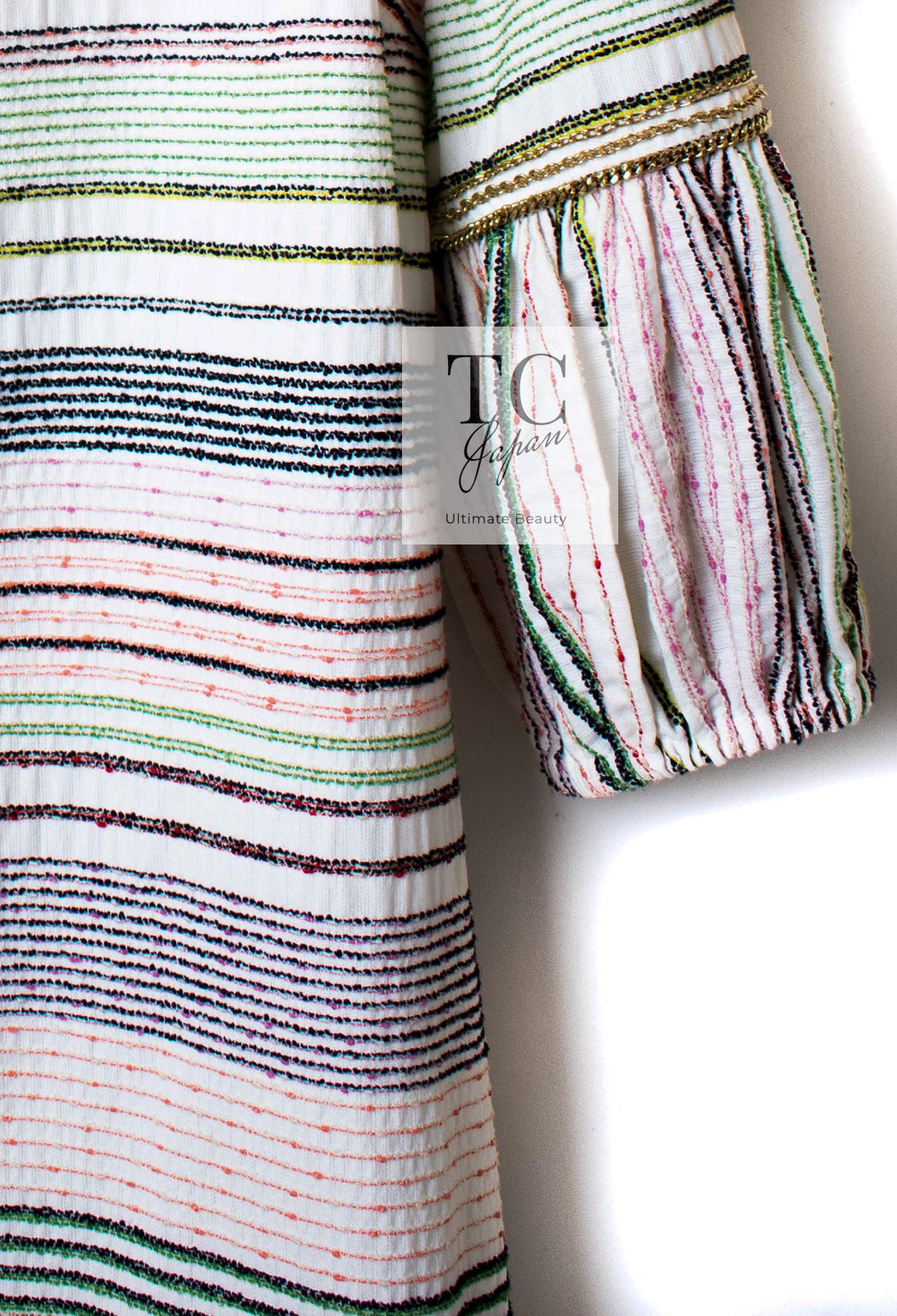 CHANEL 07S Multicolor Border CC Chain Charm Cotton Wool Dress 34 36 40 シャネル マルチカラー CC チェーン チャーム ボーダー コットン ウール ワンピース 即発