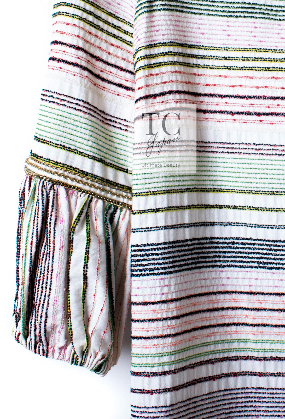 CHANEL 07S Multicolor Border CC Chain Charm Cotton Wool Dress 34 36 40 シャネル マルチカラー CC チェーン チャーム ボーダー コットン ウール ワンピース 即発