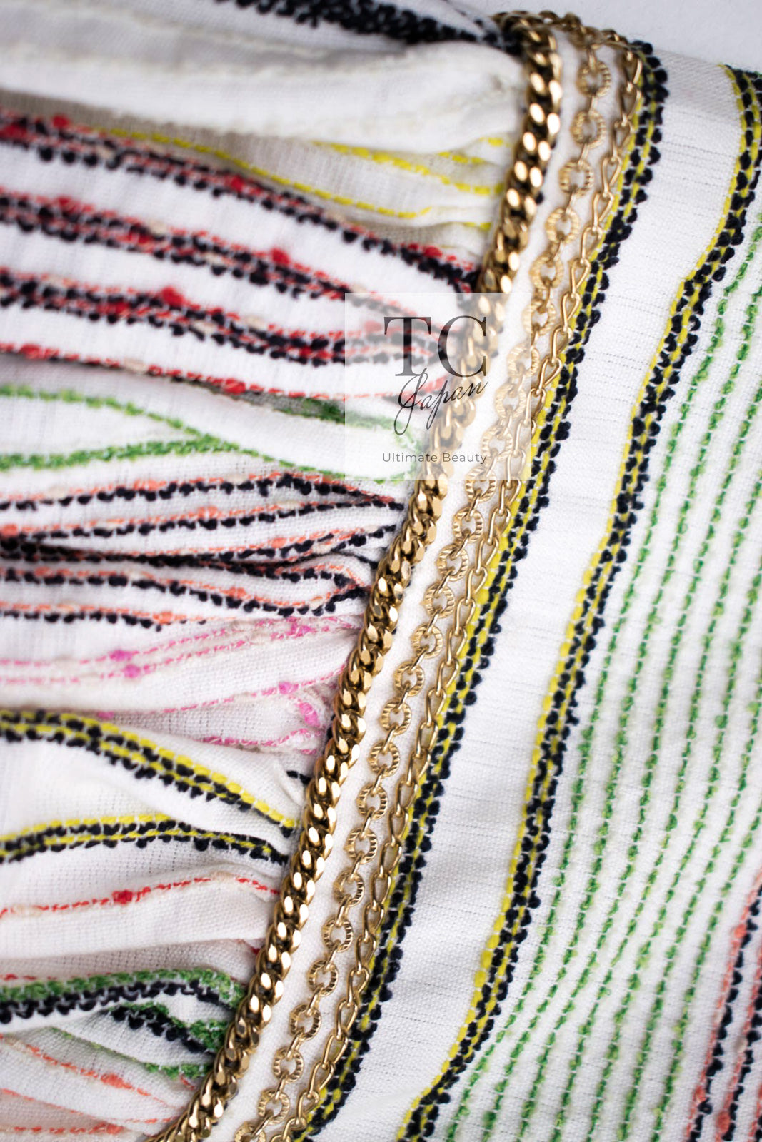 CHANEL 07S Multicolor Border CC Chain Charm Cotton Wool Dress 34 36 40 シャネル マルチカラー CC チェーン チャーム ボーダー コットン ウール ワンピース 即発