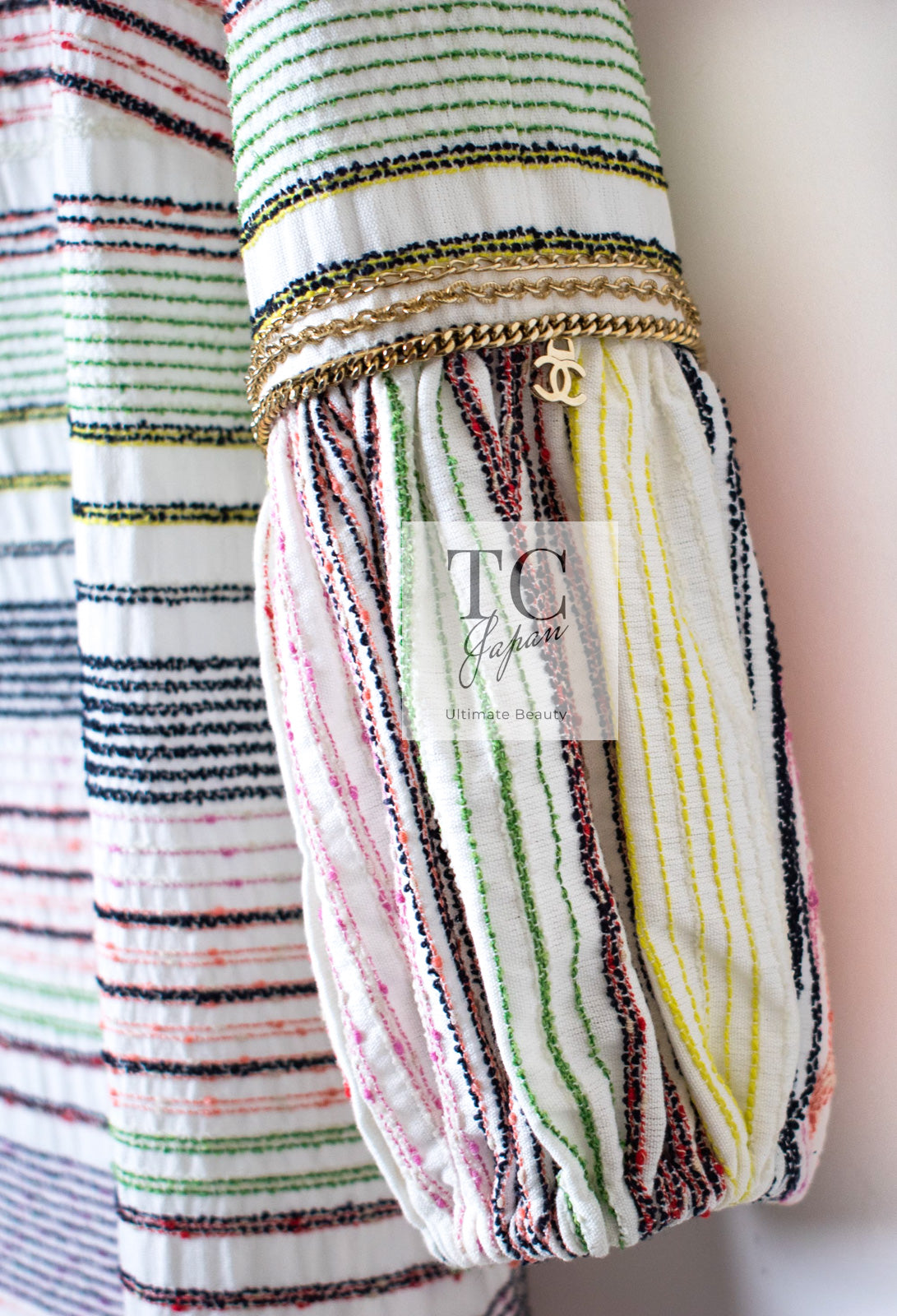 CHANEL 07S Multicolor Border CC Chain Charm Cotton Wool Dress 34 36 40 シャネル マルチカラー CC チェーン チャーム ボーダー コットン ウール ワンピース 即発