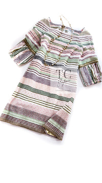CHANEL 07S Multicolor Border CC Chain Charm Cotton Wool Dress 34 36 40 シャネル マルチカラー CC チェーン チャーム ボーダー コットン ウール ワンピース 即発