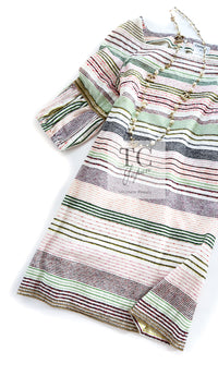 CHANEL 07S Multicolor Border CC Chain Charm Cotton Wool Dress 34 36 40 シャネル マルチカラー CC チェーン チャーム ボーダー コットン ウール ワンピース 即発
