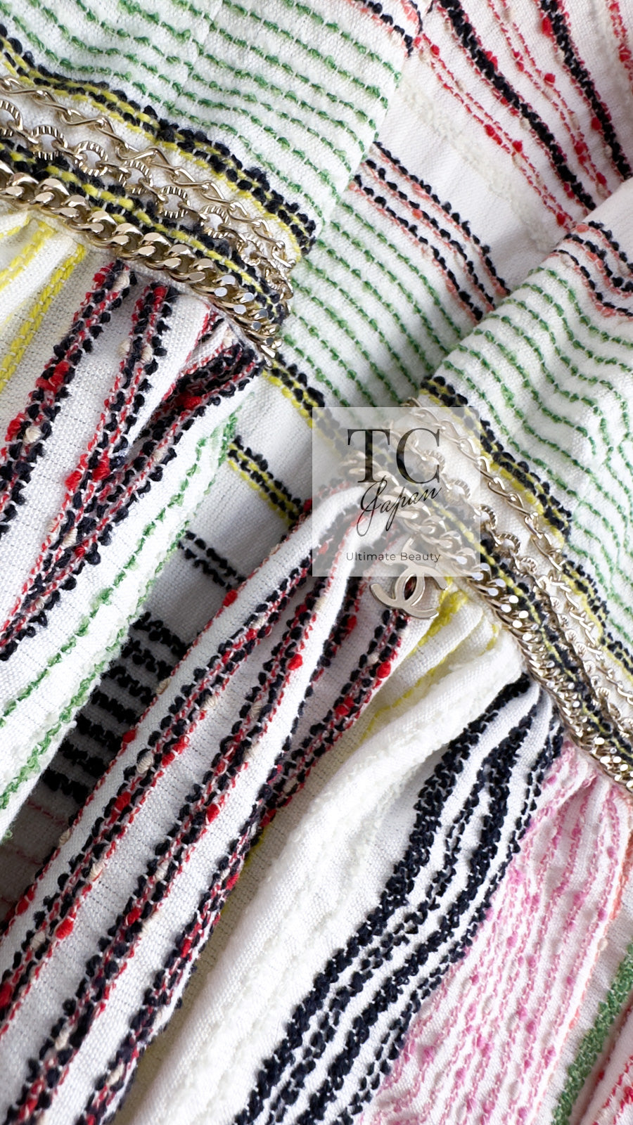CHANEL 07S Multicolor Border CC Chain Charm Cotton Wool Dress 34 36 40 シャネル マルチカラー CC チェーン チャーム ボーダー コットン ウール ワンピース 即発