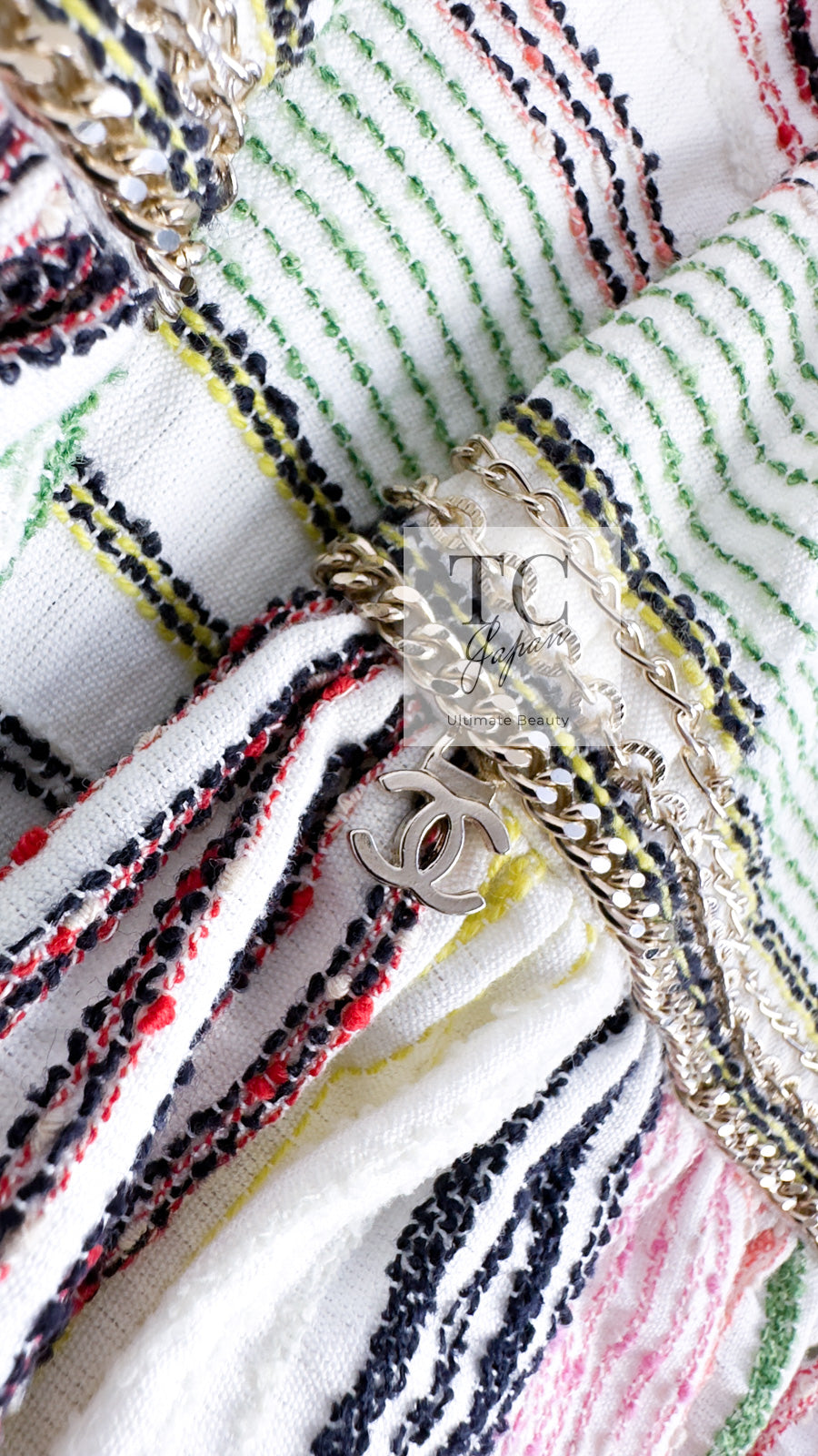 CHANEL 07S Multicolor Border CC Chain Charm Cotton Wool Dress 34 36 40 シャネル マルチカラー CC チェーン チャーム ボーダー コットン ウール ワンピース 即発