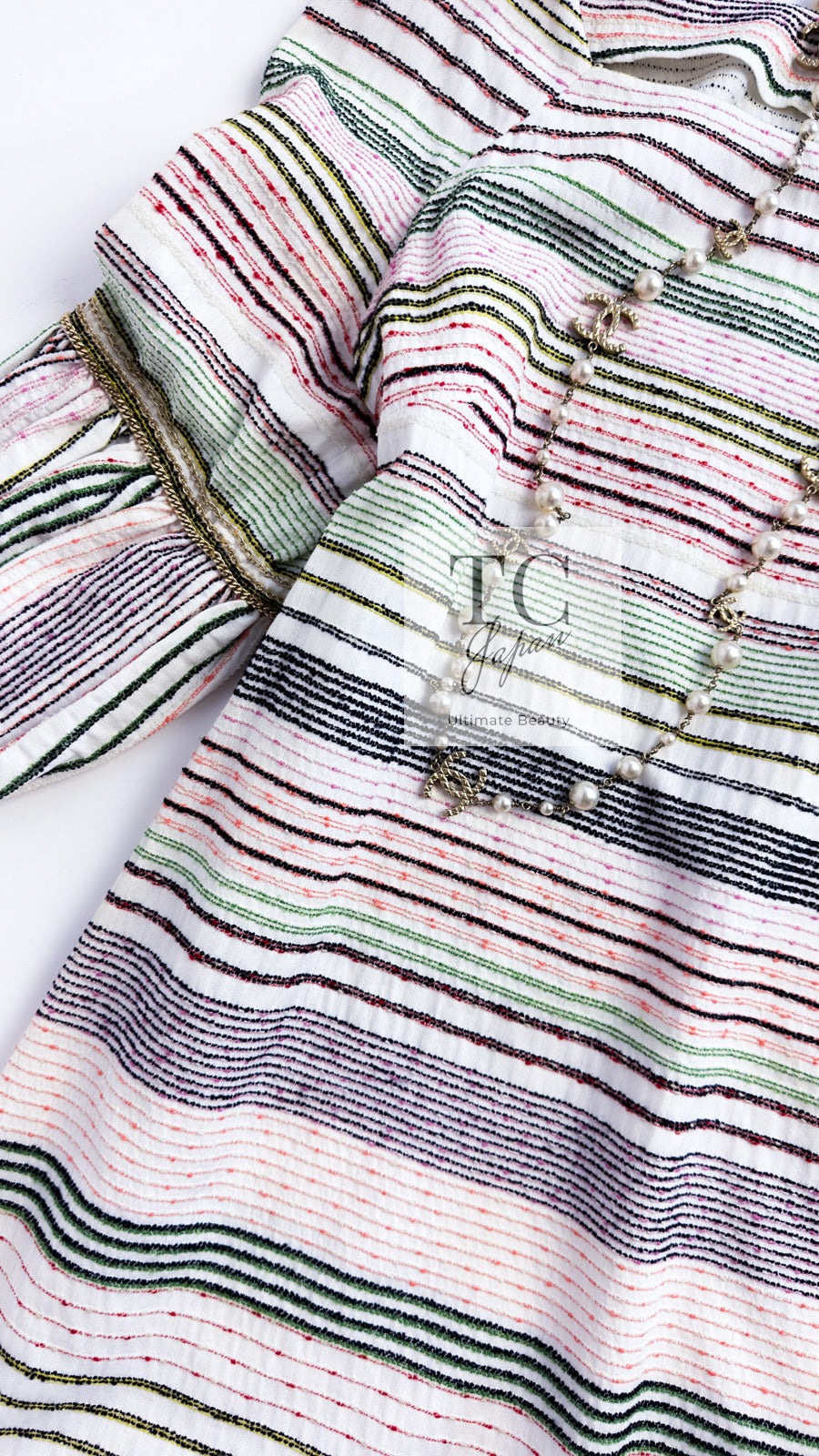 CHANEL 07S Multicolor Border CC Chain Charm Cotton Wool Dress 34 36 40 シャネル マルチカラー CC チェーン チャーム ボーダー コットン ウール ワンピース 即発