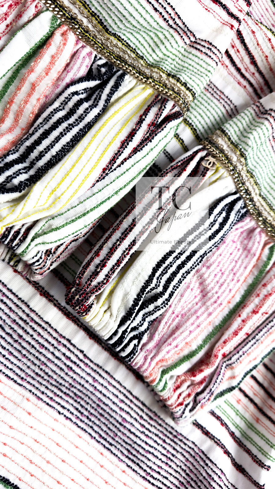 CHANEL 07S Multicolor Border CC Chain Charm Cotton Wool Dress 34 36 40 シャネル マルチカラー CC チェーン チャーム ボーダー コットン ウール ワンピース 即発