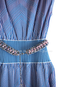 CHANEL 14S Pale Blue Stripe Boat Neck Stretch Knit Dress 40 42 シャネル ペール ブルー ストライプ ストレッチ ニット ワンピース 即発 - TC JAPAN