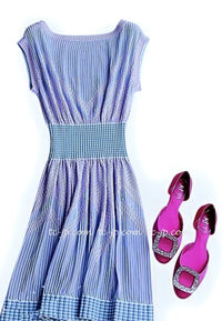 CHANEL 14S Pale Blue Stripe Boat Neck Stretch Knit Dress 40 42 シャネル ペール ブルー ストライプ ストレッチ ニット ワンピース 即発 - TC JAPAN
