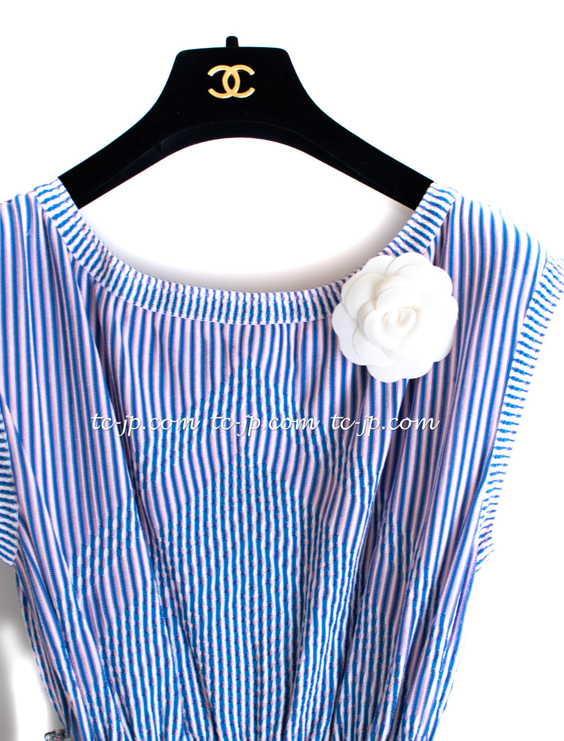 CHANEL 14S Pale Blue Stripe Boat Neck Stretch Knit Dress 40 42 シャネル ペール ブルー ストライプ ストレッチ ニット ワンピース 即発 - TC JAPAN
