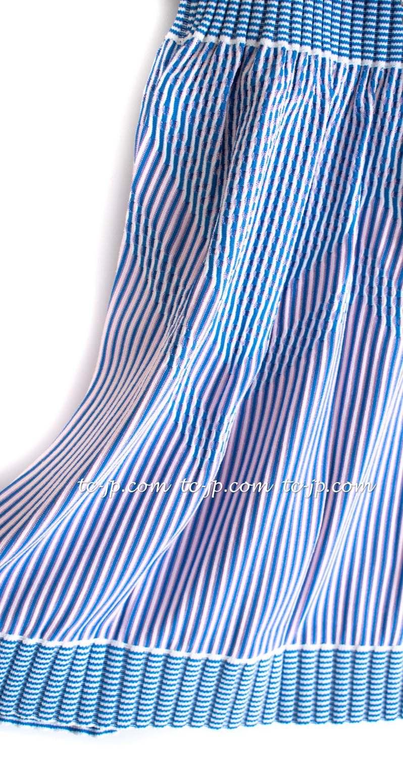 CHANEL 14S Pale Blue Stripe Boat Neck Stretch Knit Dress 40 42 シャネル ペール ブルー ストライプ ストレッチ ニット ワンピース 即発 - TC JAPAN