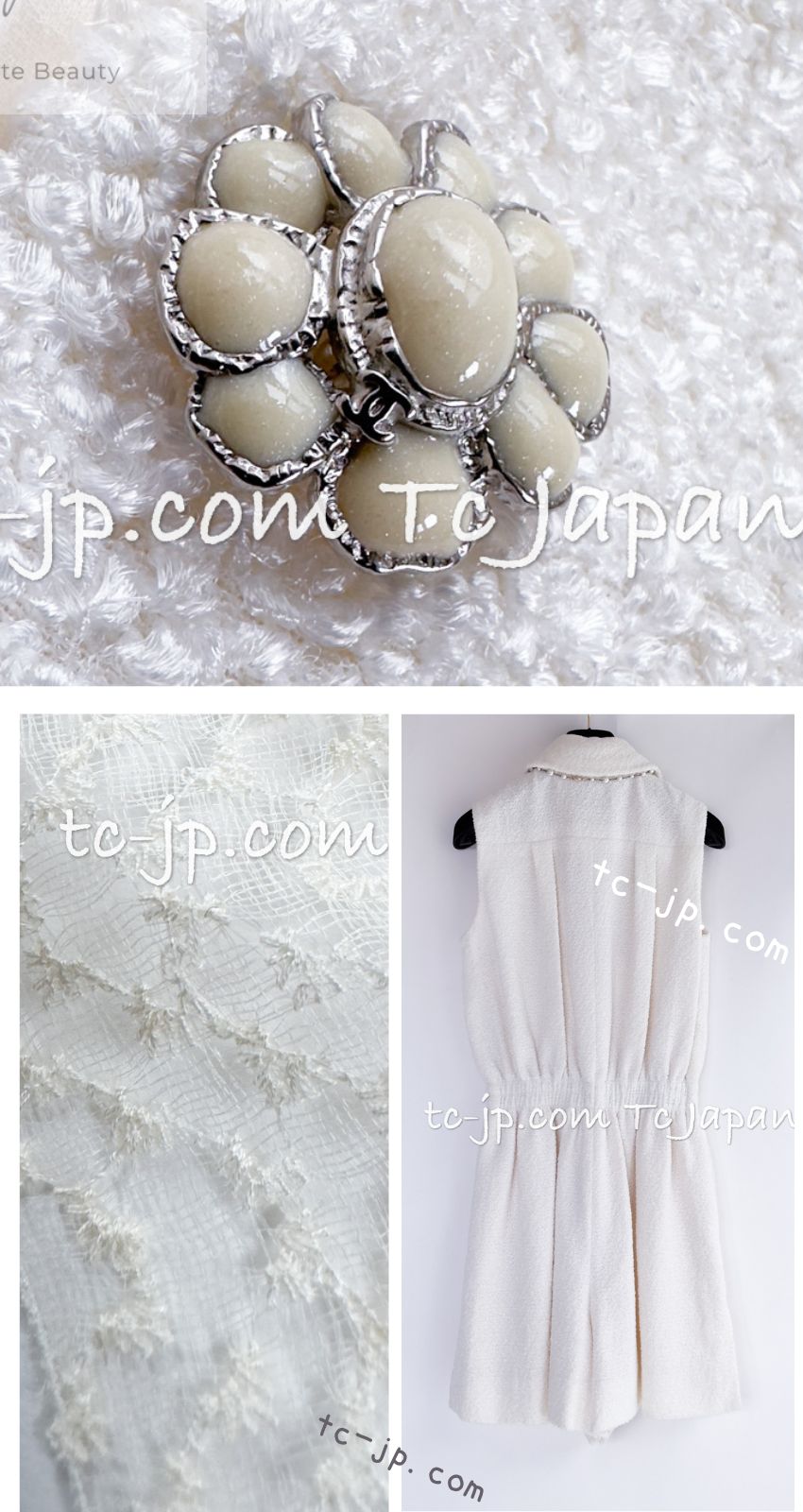 CHANEL 15C White Ivory Gripoix Buttons Bow Romper Jumpsuit 36 38 シャネル ホワイト アイボリー グリポワ 宝石 ボタン リボン ロンパース ジャンプ スーツ 即発