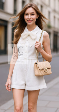 CHANEL 15C White Ivory Gripoix Buttons Bow Romper Jumpsuit 36 38 シャネル ホワイト アイボリー グリポワ 宝石 ボタン リボン ロンパース ジャンプ スーツ 即発