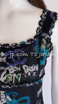 CHANEL 07C Black Blue Graffiti Tweed Dress 34 36 38 シャネル ブラック ブルー グラフィティ ツイード ワンピース 即発