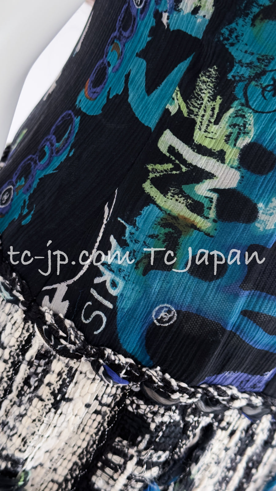 CHANEL 07C Black Blue Graffiti Tweed Dress 34 36 38 シャネル ブラック ブルー グラフィティ ツイード ワンピース 即発