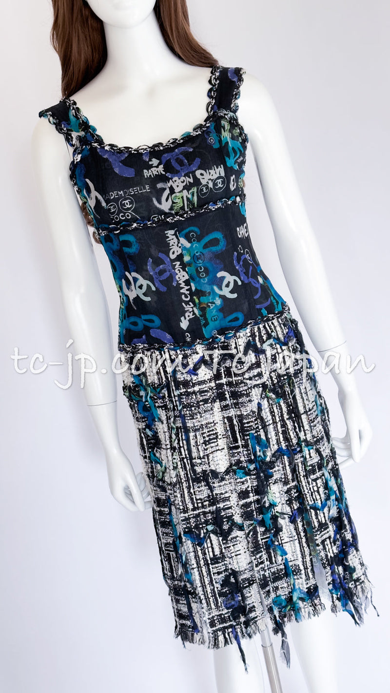 CHANEL 07C Black Blue Graffiti Tweed Dress 34 36 38 シャネル ブラック ブルー グラフィティ ツイード ワンピース 即発