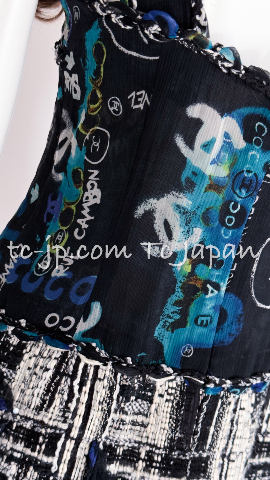 CHANEL 07C Black Blue Graffiti Tweed Dress 34 36 38 シャネル ブラック ブルー グラフィティ ツイード ワンピース 即発