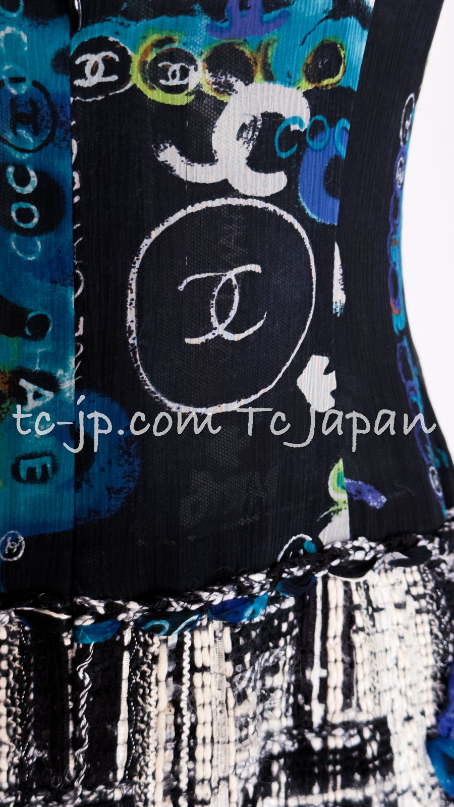 CHANEL 07C Black Blue Graffiti Tweed Dress 34 36 38 シャネル ブラック ブルー グラフィティ ツイード ワンピース 即発