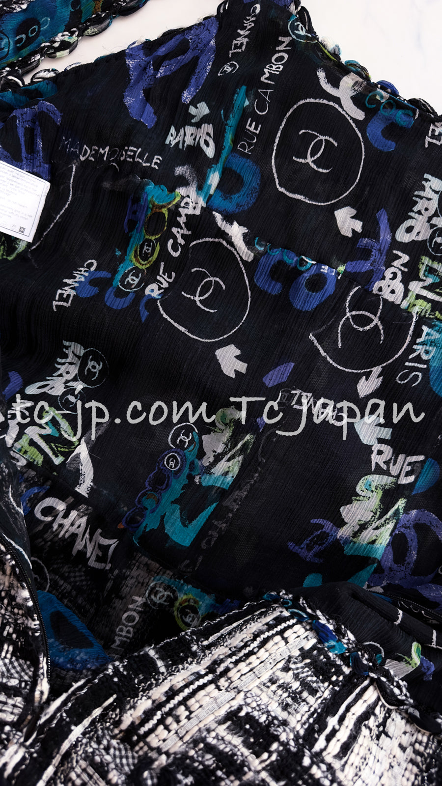 CHANEL 07C Black Blue Graffiti Tweed Dress 34 36 38 シャネル ブラック ブルー グラフィティ ツイード ワンピース 即発