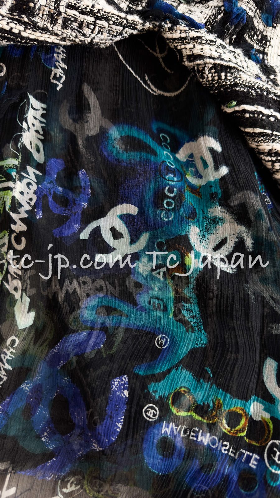 CHANEL 07C Black Blue Graffiti Tweed Dress 34 36 38 シャネル ブラック ブルー グラフィティ ツイード ワンピース 即発